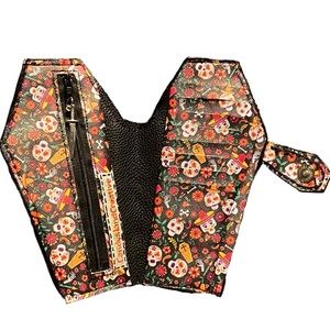 Handmade sugar skulls, coffins and flowers coffin wallet